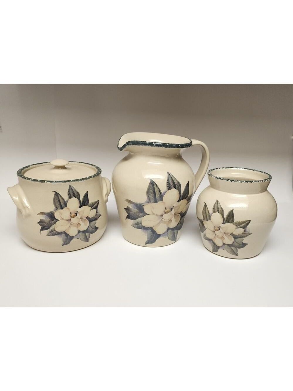 Casey 3PC Pottery Marshall Texas Magnolia Crock W/ Lid Pitcher & Canister